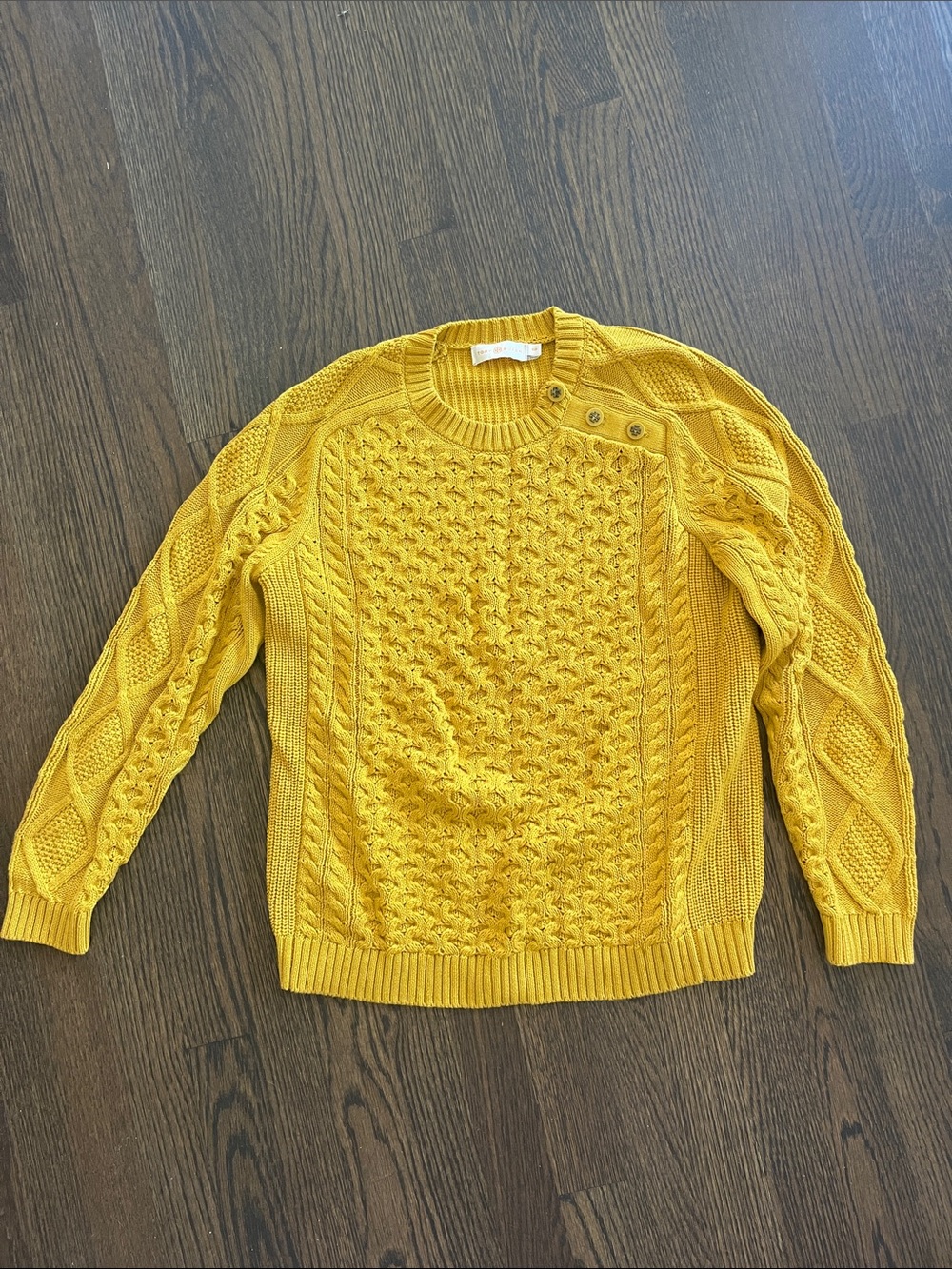 Mustard Cable Knit Sweater with Shoulder Button Detail